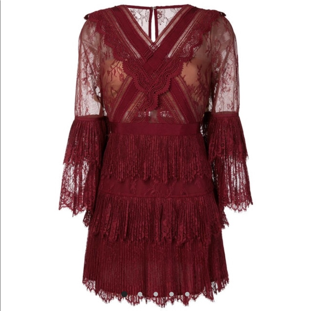 Self Portrait Trimmed Fine Lace Dress in Burgundy -SEEN ON CAMILA COELHO